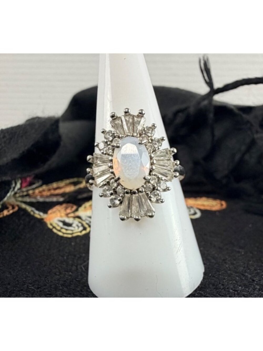 Bomb Party Size 8 Lab-Grown White Opal Baguette Sunburst Halo Ring